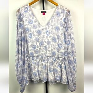 Vince Camuto Blouse, Blue Floral, Bell Sleeve Lightweight Peplum EUC Sz Large